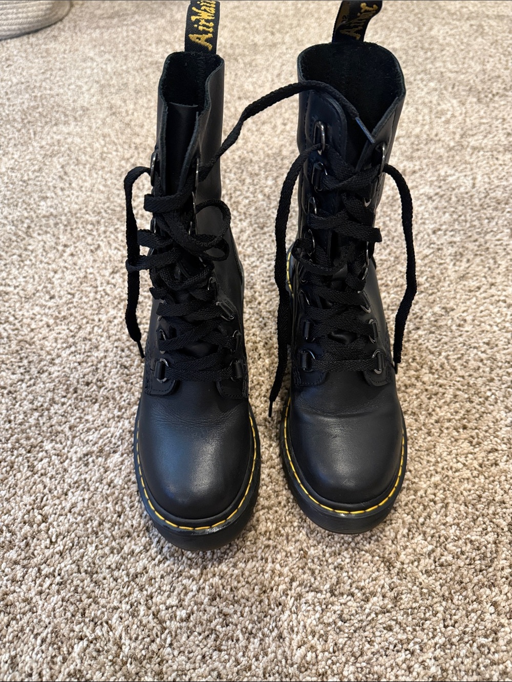 Dr. Martens Black Leather Lace-Up Boots with Yellow Stitching